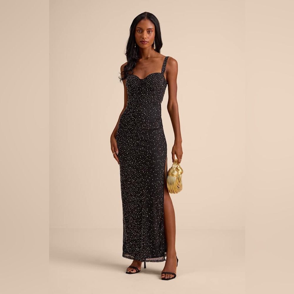 NWT Lulus A-Lister Black Rhinestone Bustier Maxi Dress Size XS